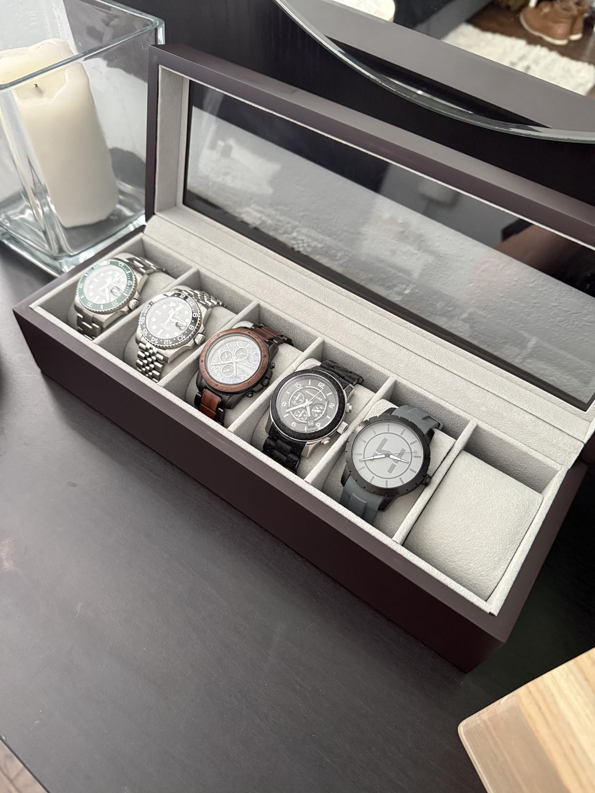 CASE ELEGANCE 6-Slot Wood Watch Box with Glass Top - Espresso | Watch Case, solid wood, magnetic closure, pillow stands customer photo 2