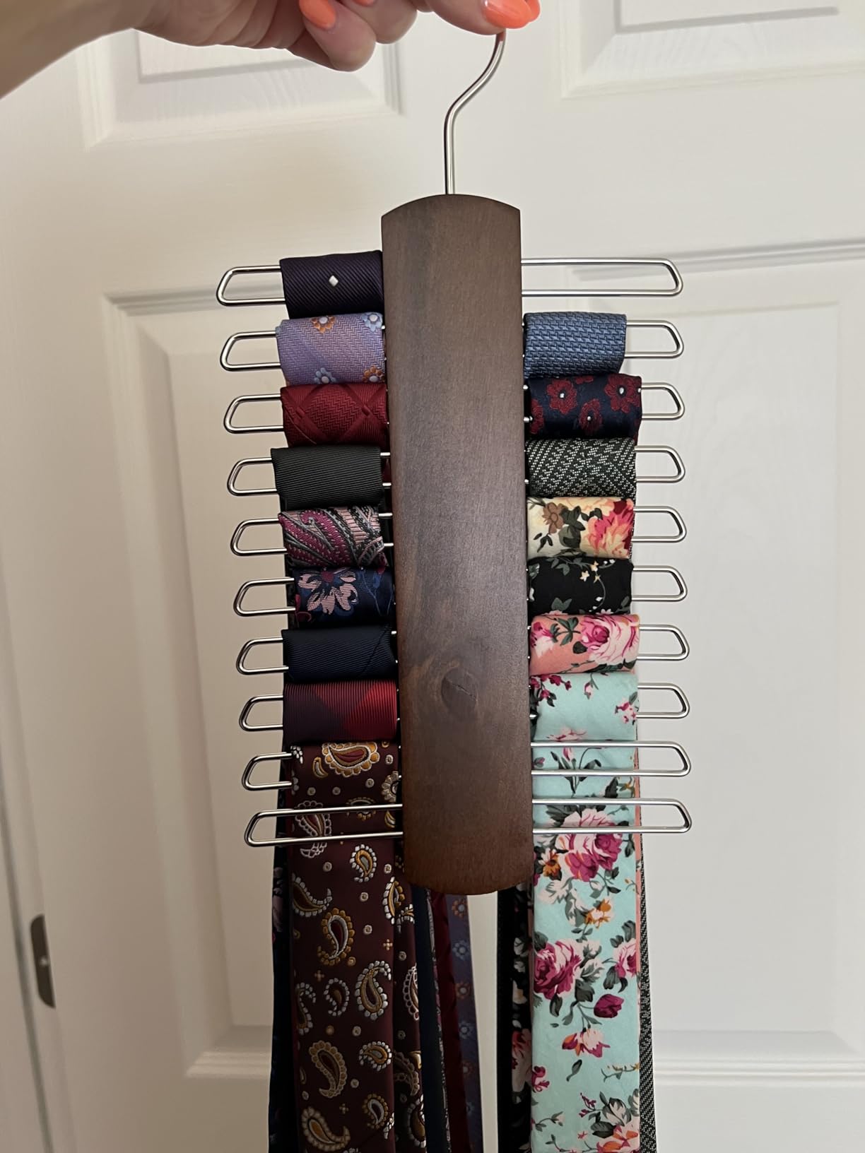 Umo Lorenzo Premium Wooden Necktie and Belt Hanger, Walnut Wood Center Organizer and Storage Rack with a Non-Slip Finish - 20 Hooks customer photo 1