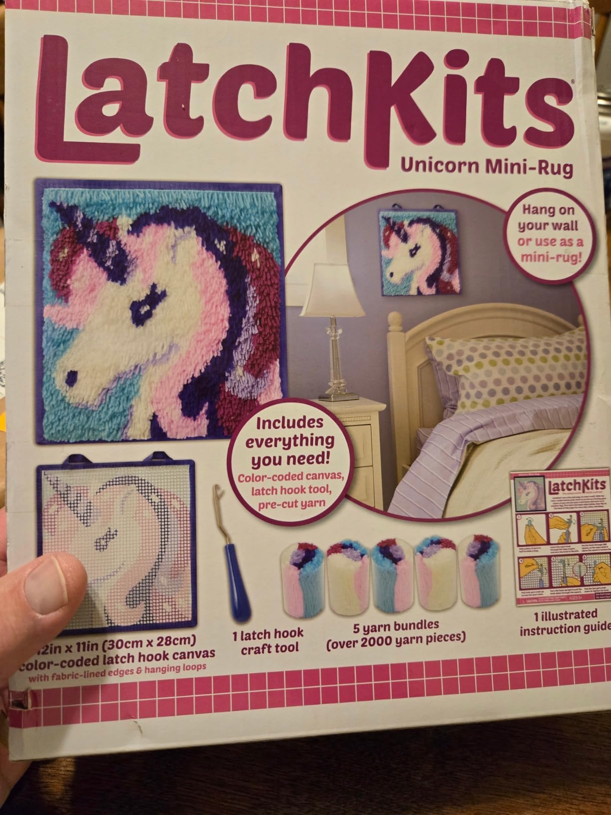 LatchKits Latch Hook Kits for Kids - Kids Crafts, Arts and Crafts, Yarn Art, Wall Hanging & Mini-Rugs, Craft Supplies, Pre-Cut Yarn, Easy Pattern, Hook Included, Arts & Craft, Ages 6+, Unicorn customer photo 1