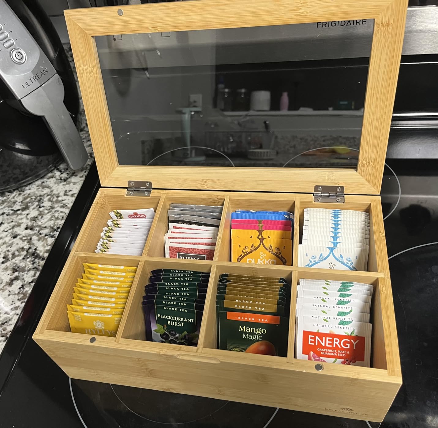 Big Natural Bamboo Tea Storage Organizer with Clear Acrylic Top Window | 8 Compartments Eco-Friendly Tea Bag Holder, Multi-Functional Storage Box customer photo 1