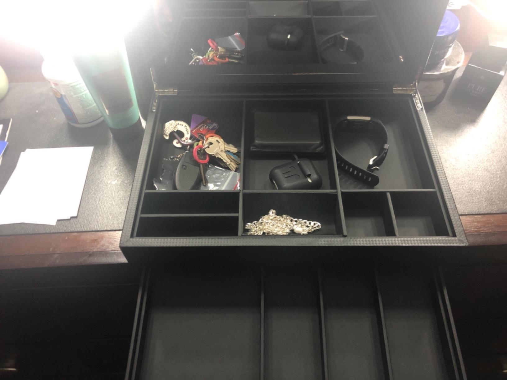 Glenor Co Mens Valet/Dresser Organizer - Luxury 12 Slot Jewelry Accessories Box, Carbon Fiber Design, Drawer Tray, Metal Buckle & Large Mirror (Pu Leather Black) customer photo 1