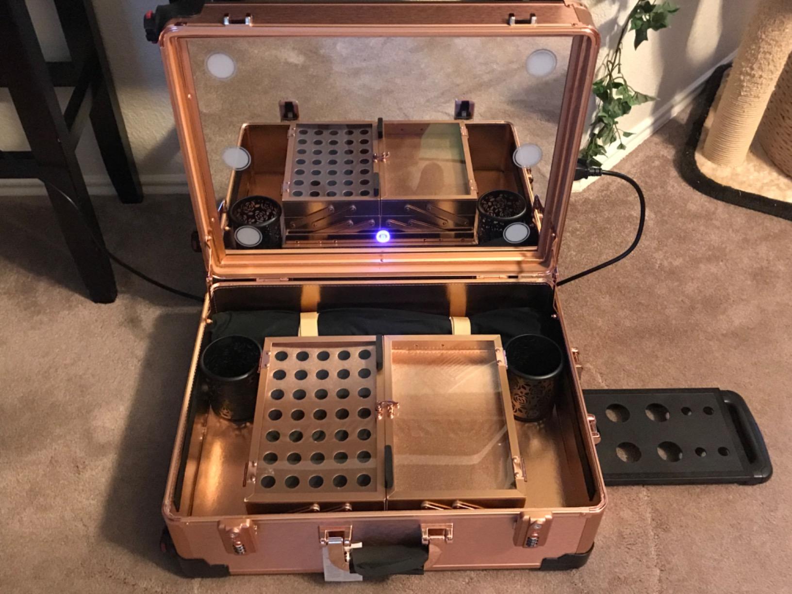 Large Makeup Train Case with Speaker & Code Lock & Full Screen Lighted Mirror & 3 Light Colors Lighted Rolling Cosmetic Organizer, Professional Artist Trolley Studio Free Standing customer photo 1