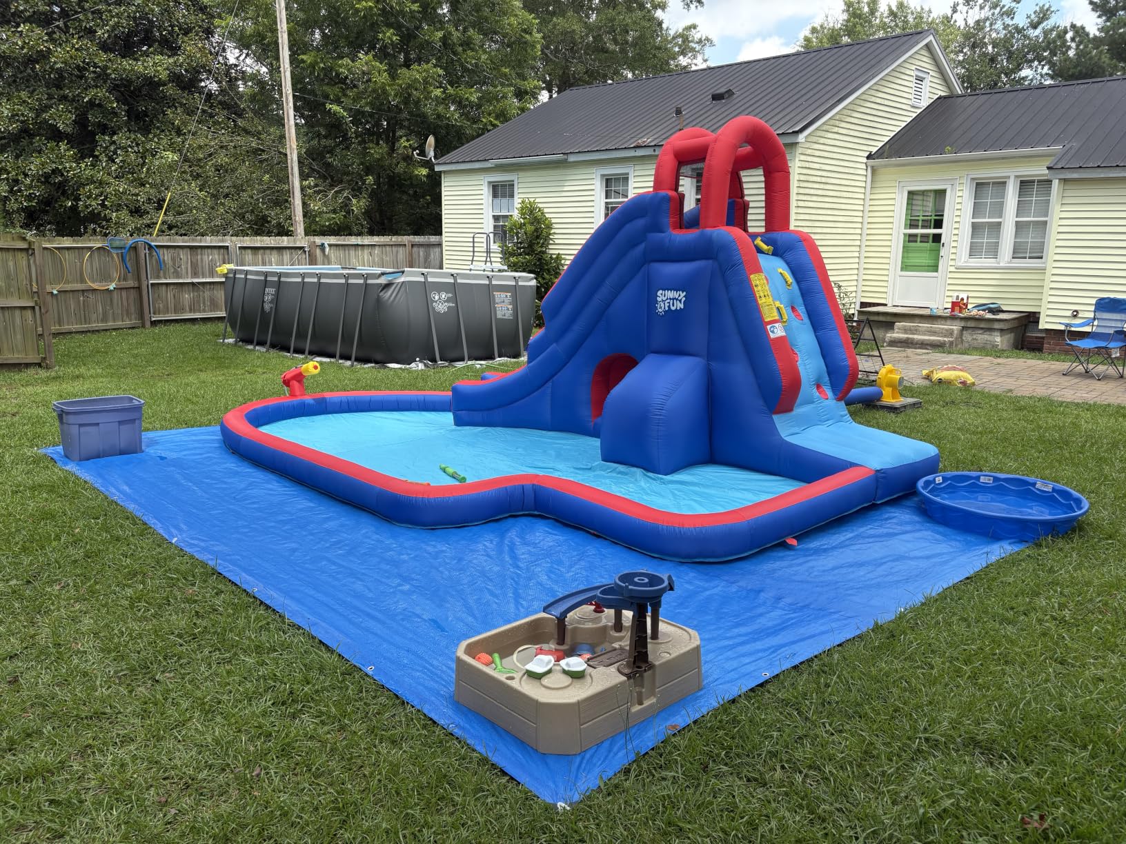 Sunny & Fun Deluxe Inflatable Water Slide Park with Climbing wall & Tunnel | Heavy-Duty Oxford Blow-Up Water Park for Kids Backyard with Splash Pool, Air Blower & Carry Bag customer photo 1