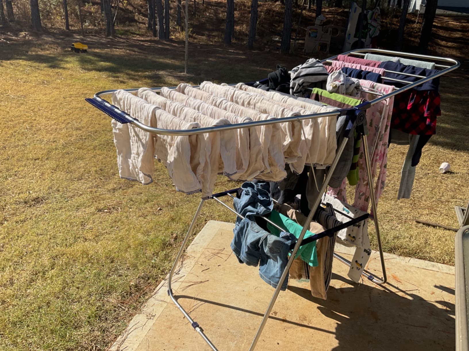 SONGMICS Clothes Drying Rack, Foldable 2-Level Steel Laundry Drying Rack, Floor-Standing Airer, 4 Height-Adjustable Gullwings, Sock Clips, Silver and Blue, BUNJI Collection ULLR53BU customer photo 1