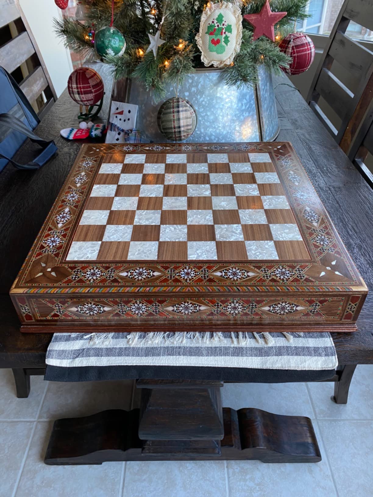 Metal Chess Set for Adult Historical Antique Copper Rome Figures Handmade Pieces and Natural Solid Wooden Chess Board with Original Pearl Around Board and Storage Inside King 4 inc customer photo 1