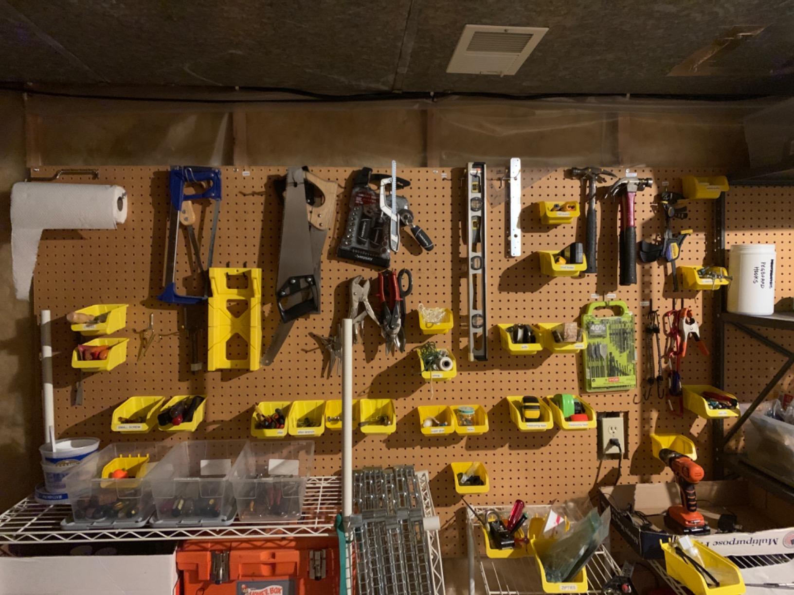 WALLPEG 36 Pack Pegboard Bin Kit - 18 Medium & 18 Large Yellow Peg Board Storage Bins | Parts Organizer for Garage, Workshop, Craft Room, Office & Workbench | Pegboard Accessory Organier | MADE IN USA customer photo 1