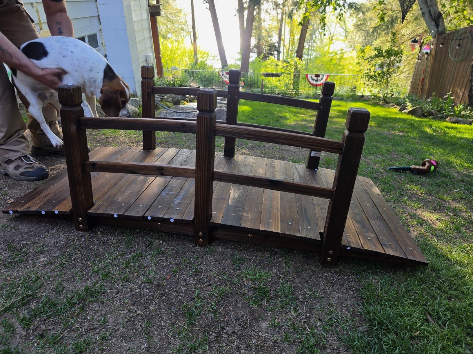 VINGLI 5 ft Garden Bridge, Classic Wooden Arch with Safety Rails Stained Finished Footbridge, Decorative Pond Landscaping, Backyard, Creek or Farm customer photo 1