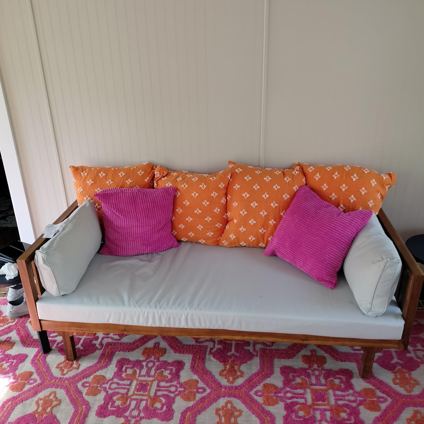 Christopher Knight Home Tina Outdoor 3 Seater Acacia Wood Daybed, Teak Finish, Light Grey customer photo 2