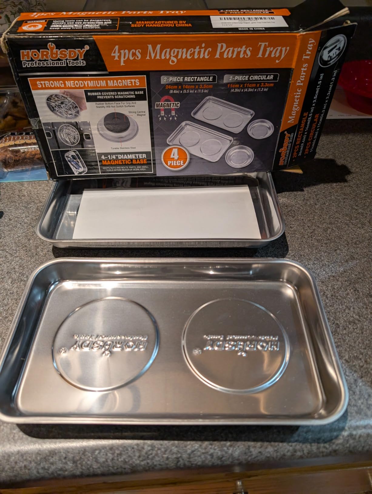 HORUSDY 4-Piece Large Magnetic Parts Tray Set, Stainless Steel Heavy Duty 9.5