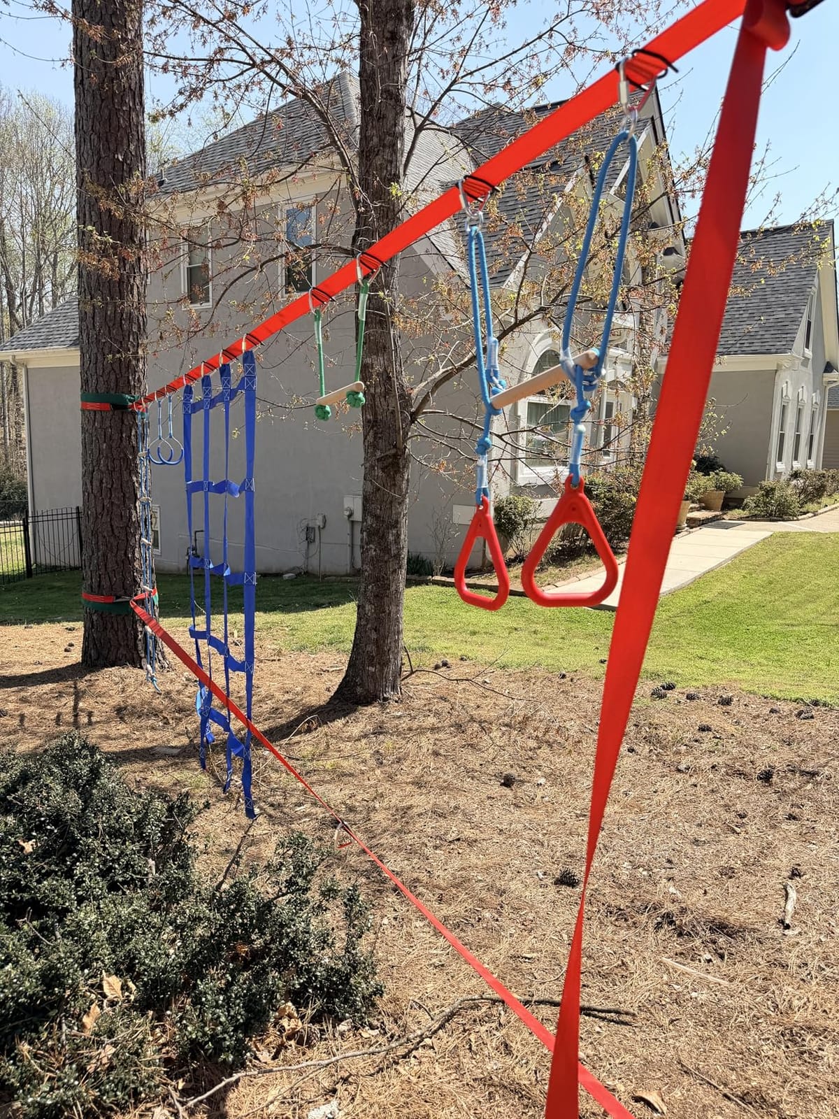 Dripex 65FT Ninja Warrior Obstacle Course for Kids - Double Longest Slacklines with 10 Accessories - Swing, Trapeze Swing, Rope Ladder, Obstacle Net, Arm Trainer customer photo 2