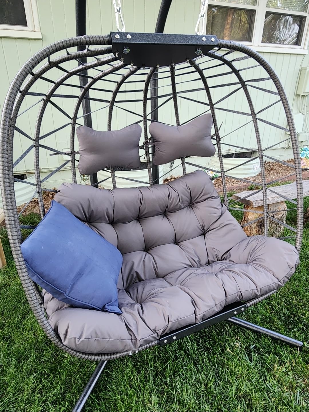 RADIATA Double Hanging Egg Chair with Stand, 2 Person Oversized Swing, Beige | 5in Thick Cushion & 230g Fabric, 680lbs Heavy-Duty Capacity, Easy Assembly, Foldable Basket, All-Weather PE Wicker Swing Chair customer photo 1