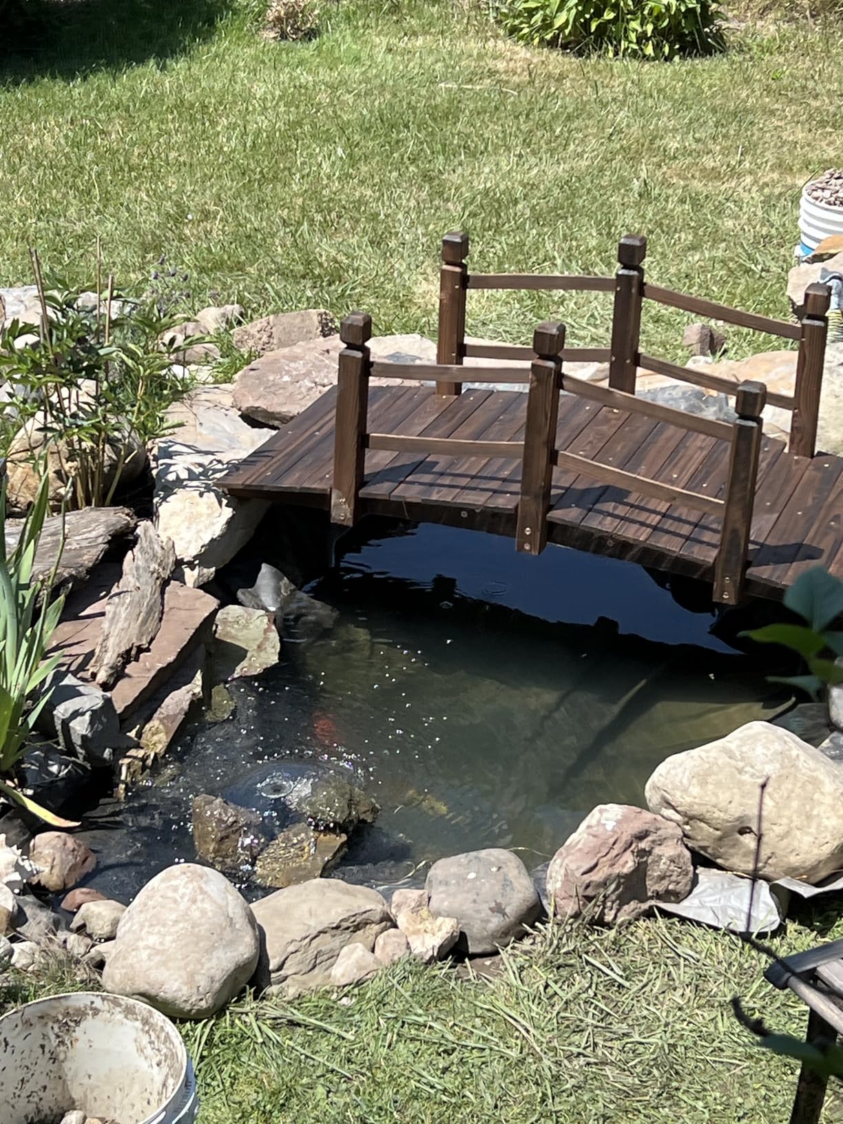 5FT Wooden Garden Bridge Arch Stained Finish Footbridge Decorative Backyard Bridge with Double Safety Railings customer photo 2