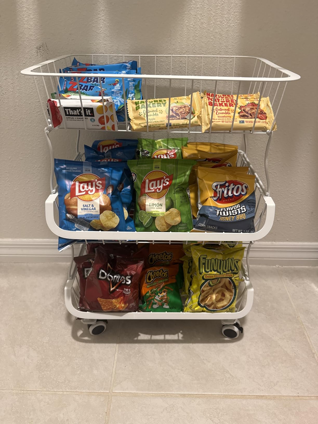 OKZEST 3-Tier Rolling Pantry Floor Organizers and Storage Cart with Wheels | Fits under pantry shelf, Stackable kitchen pantry baskets with dirt catch tray, Holds drink, snack, can, potato, onion, fruit customer photo 2
