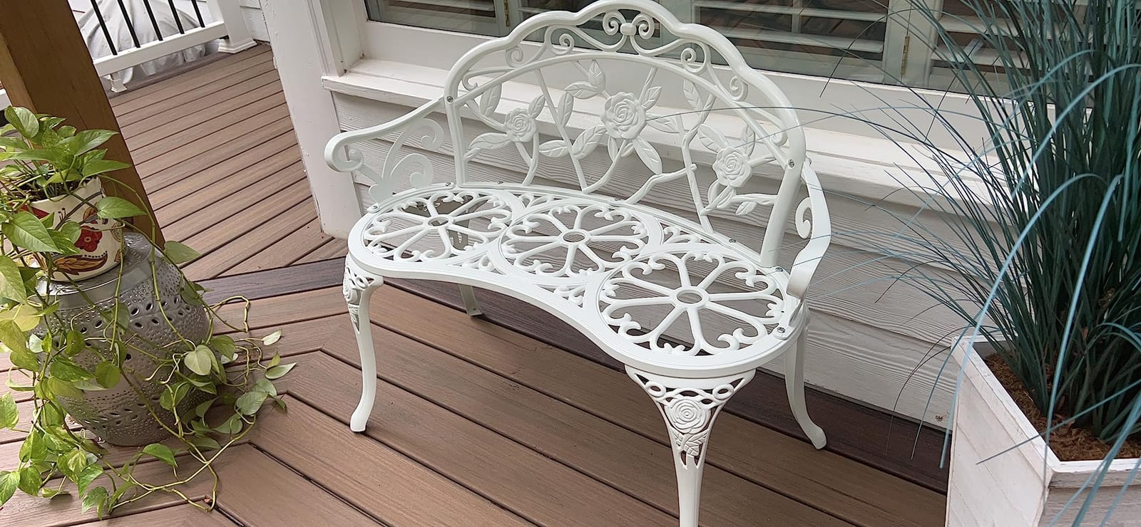 HOMEFUN Outdoor Bench, White Rose Cast-Aluminum Loveseat | Metal, For Patio Garden, For Park Lawn, For Front Porch customer photo 1