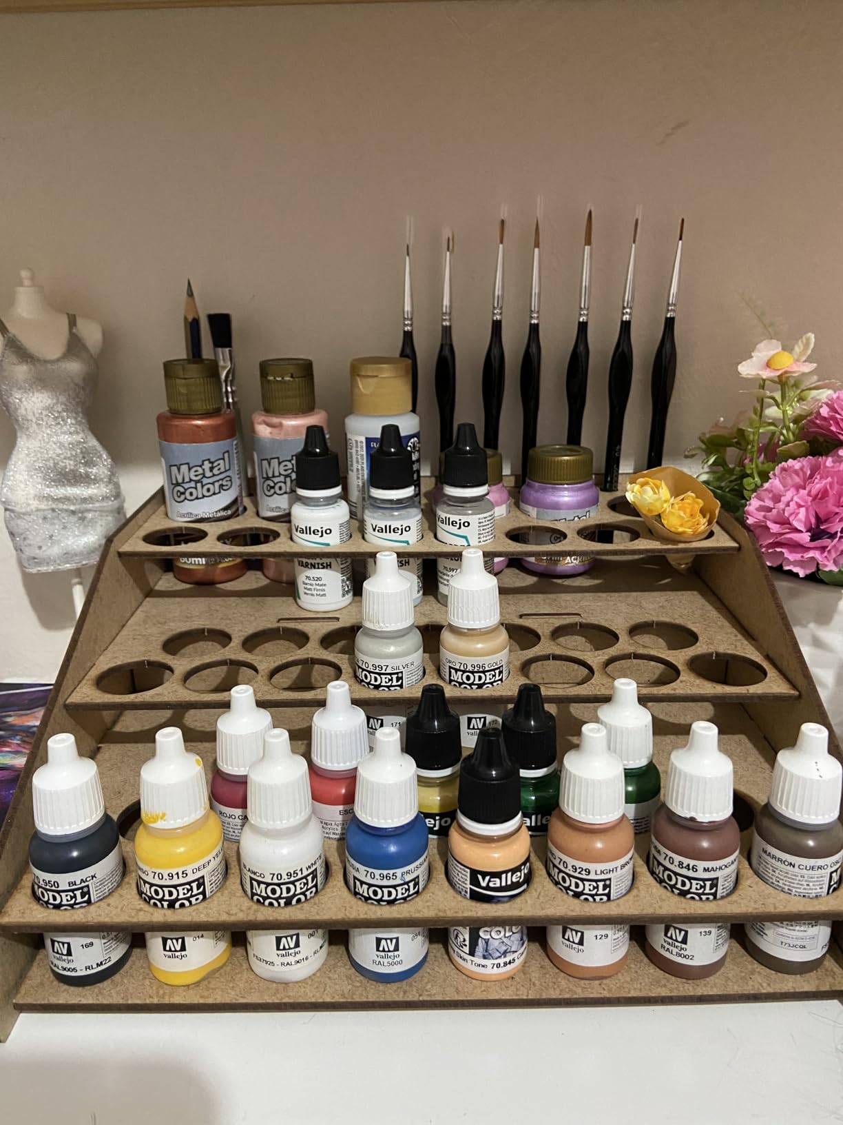 PROSCALE Corner Paint Rack Organizer, Art desk Corner Paint Stand holder for Miniature & Model Paints + Brush/Tool Slots, 26 36mm Holes Compatible with Vallejo, Army Painter, AK (Module C) customer photo 1