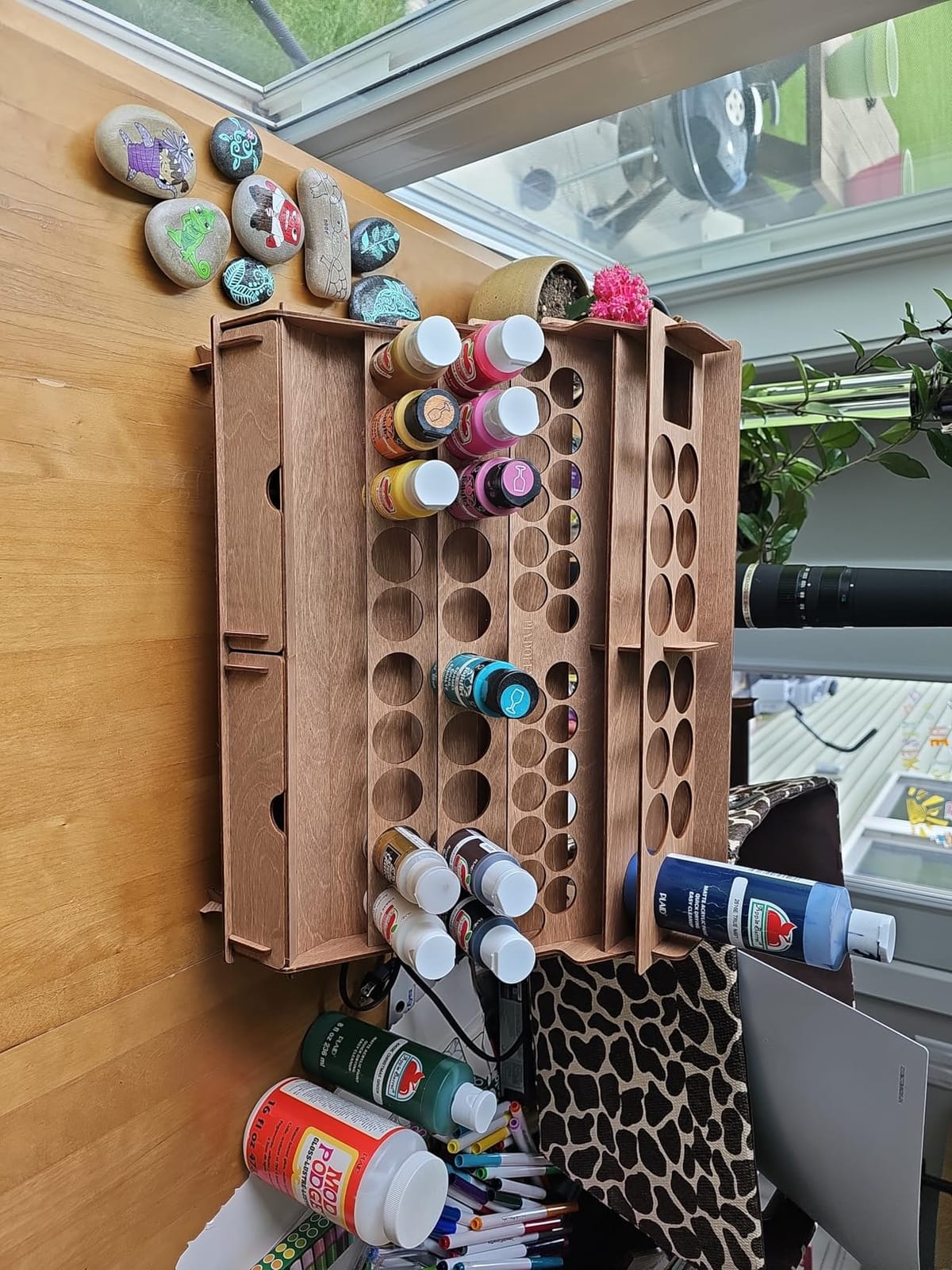 Plydolex Plywood Corner Model Paint Organizer - 32 Bottle & 46 Brush Slots Rack, 3 Shelves, 6 Stands & a Photo-Shooting Scene - Suits Tamiya, Vallejo, Citadel Paints - Works for Warhammer 40K, DnD customer photo 1