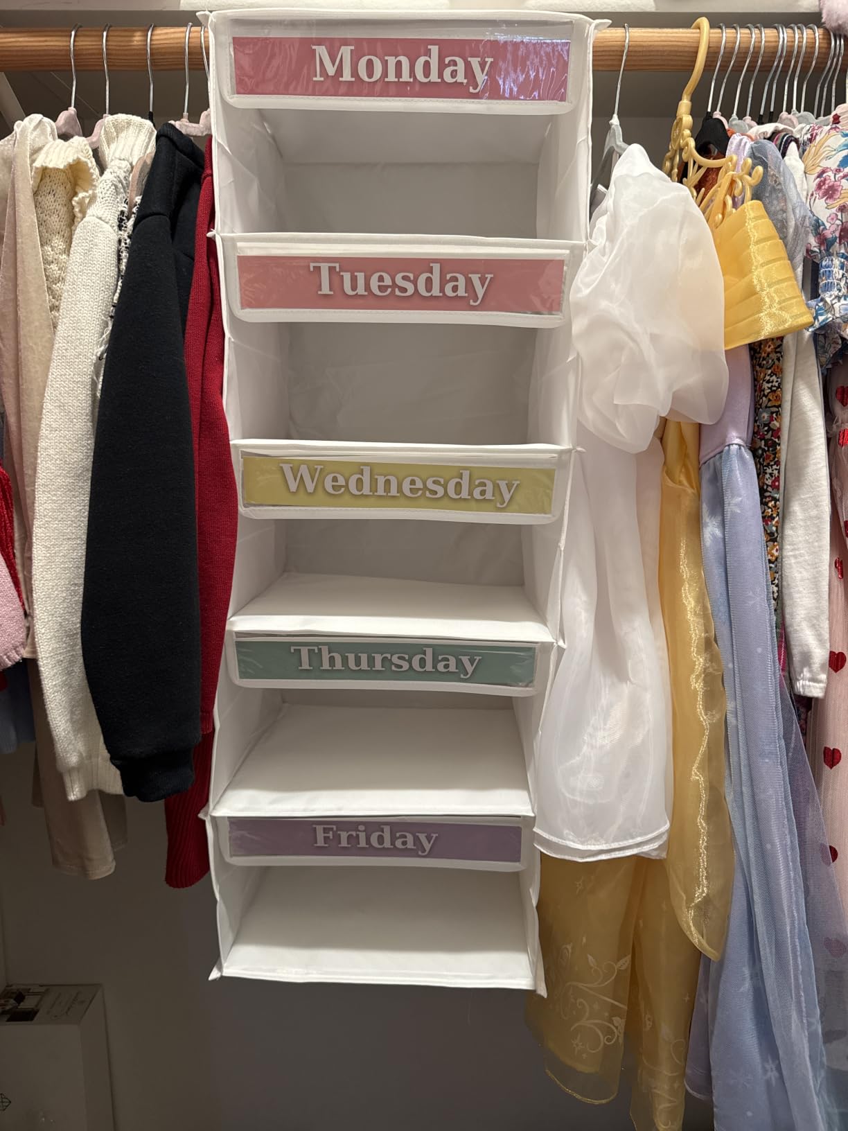 Monday through Friday Hanging Weekly Clothes Organizer for Kids | Five hanging shelves labeled Monday to Friday, fits kids closet rods. Two label sets, installs with Velcro. customer photo 1