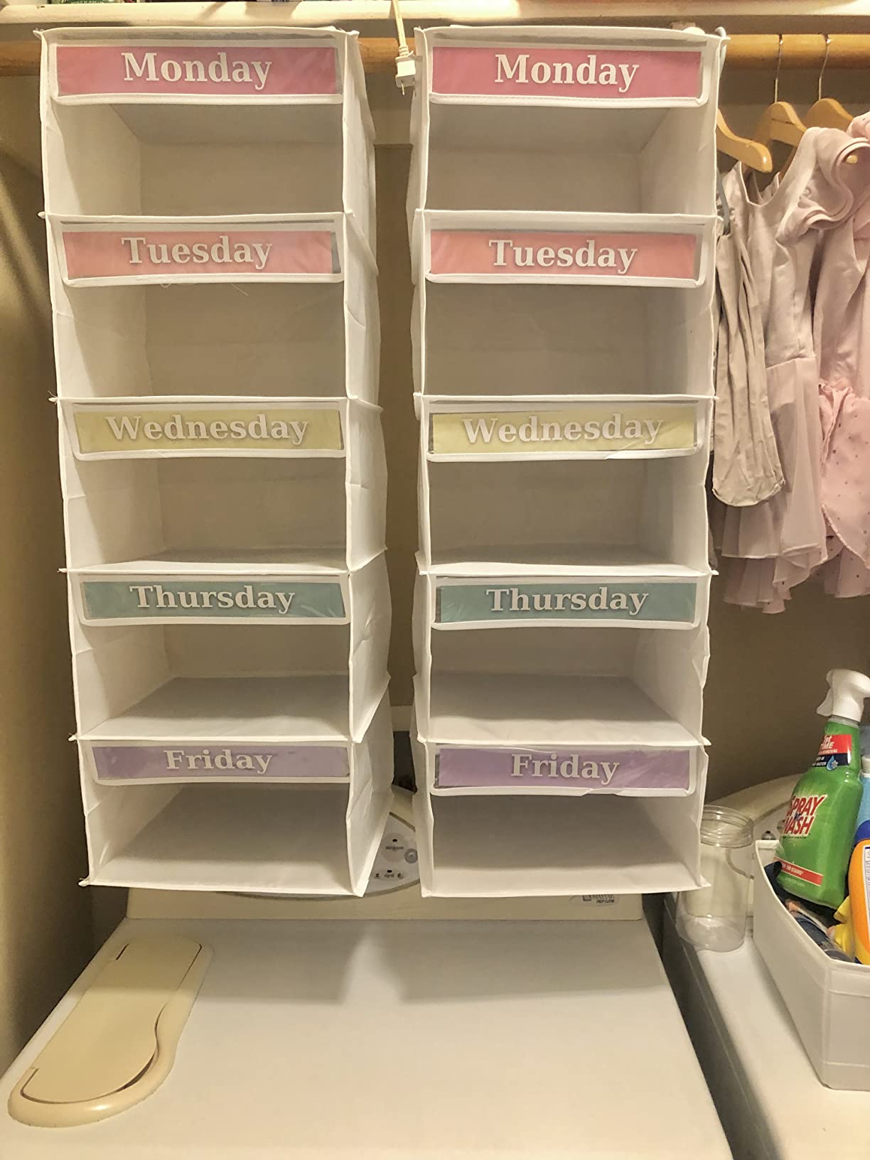 Monday through Friday Hanging Weekly Clothes Organizer for Kids | Five hanging shelves labeled Monday to Friday, fits kids closet rods. Two label sets, installs with Velcro. customer photo 2