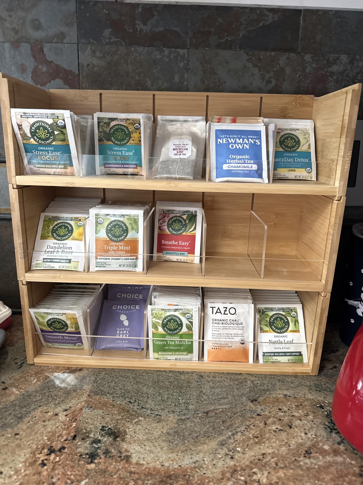 X-cosrack Bamboo Tea Bag Organizer Storage Box, 3 Tier Stackable Tea Bag Box Natural Wood, Wall Mount Tea Chests with Acrylic for tea bags Office Kitchen Cabinet Pantry customer photo 1