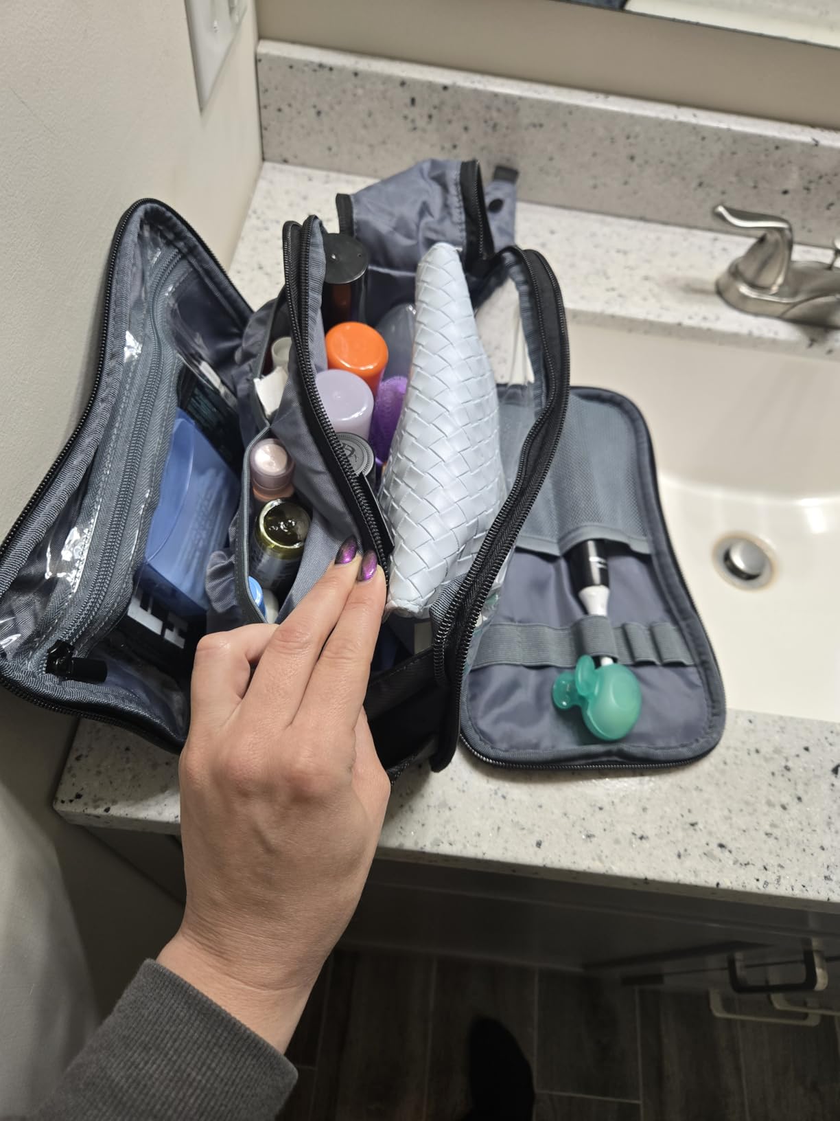 ZEEMO Travel Toiletry Bag for Men, Full Open Dopp Kit with Dual Compartment | Double-sided storage and water-resistant fabric for Shower and Hygiene Accessories,Bathroom Essentials,Cosmetics,Black,Medium customer photo 2