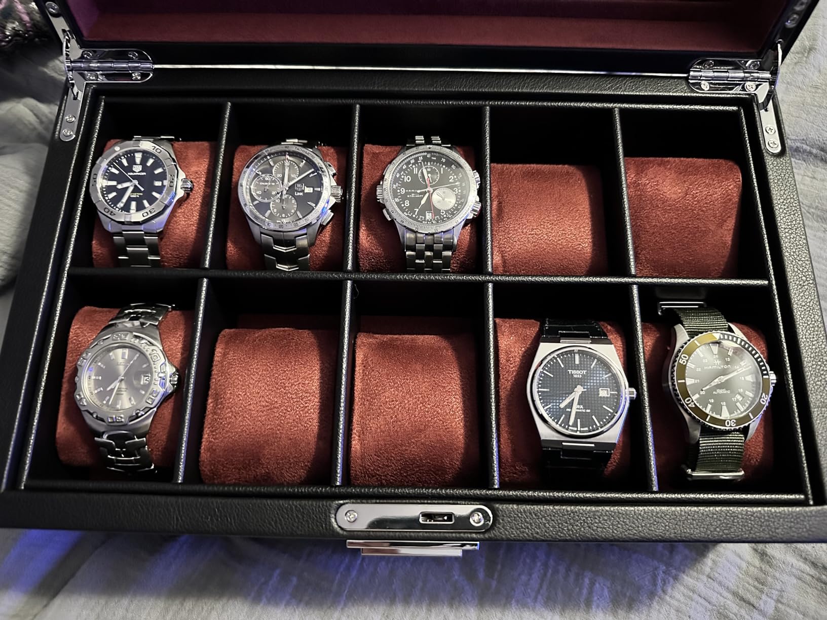 ROTHWELL 10-Slot Watch Box in Leather with Valet Drawer, Luxury Watch Case Display Organizer with Ultra Soft Microsuede Liner, Jewelry and Sunglass Holder With Large Glass top customer photo 2