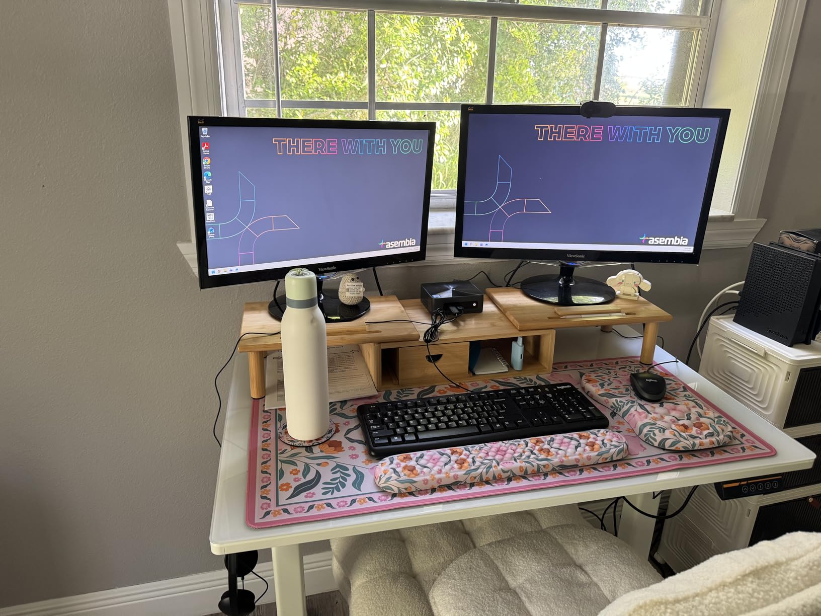 Dual Monitor Stand Riser with Drawer for Desk Laptop | Desk Shelf with Adjustable Length and Angle, Bamboo Computer Stand Riser for 2 or 3 Monitors Screen Laptop PC TV - Natural customer photo 1