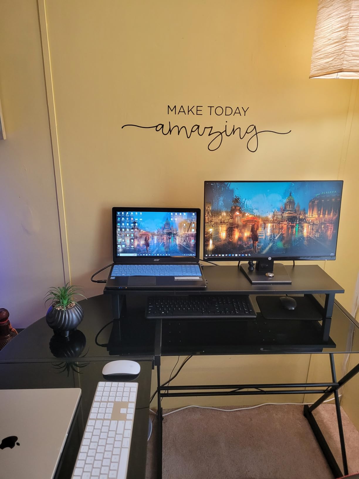WESTREE Dual Monitor Stand Riser, Wood and Steel Multi-Purpose Desktop Storage Stand for 2 Monitors for Computer, Laptop, Printer, TV, Rustic Brown customer photo 2