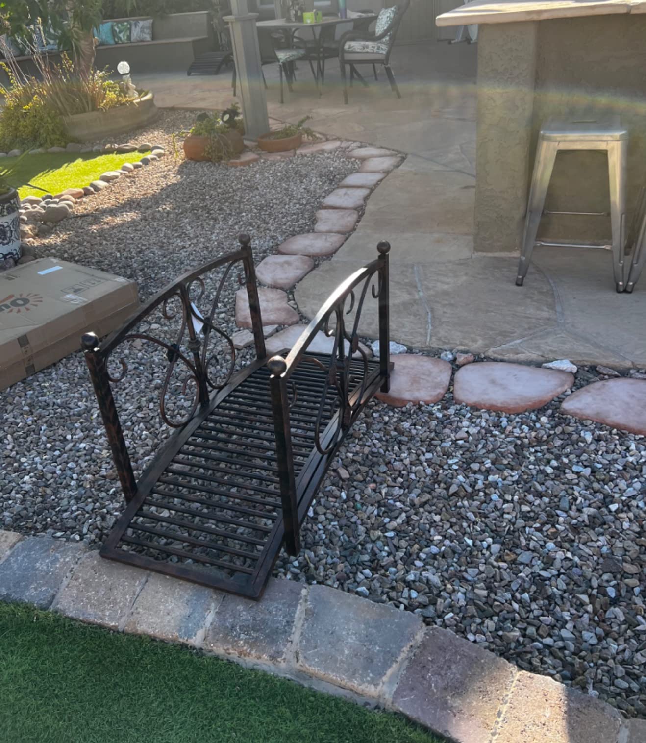 Outsunny 3.3FT Metal Arch Zen Garden Bridge with Safety Siderails Brown | Decorative Footbridge, Delicate Floral Scrollwork customer photo 2