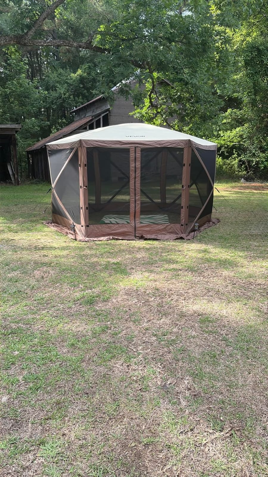 VEVOR Camping Gazebo Screen Tent, 12x12ft, Brown/Beige | 6 Sided Pop-up Canopy, Mesh Windows, Portable Carry Bag & Stakes, Large Shade for Outdoor Camping customer photo 1