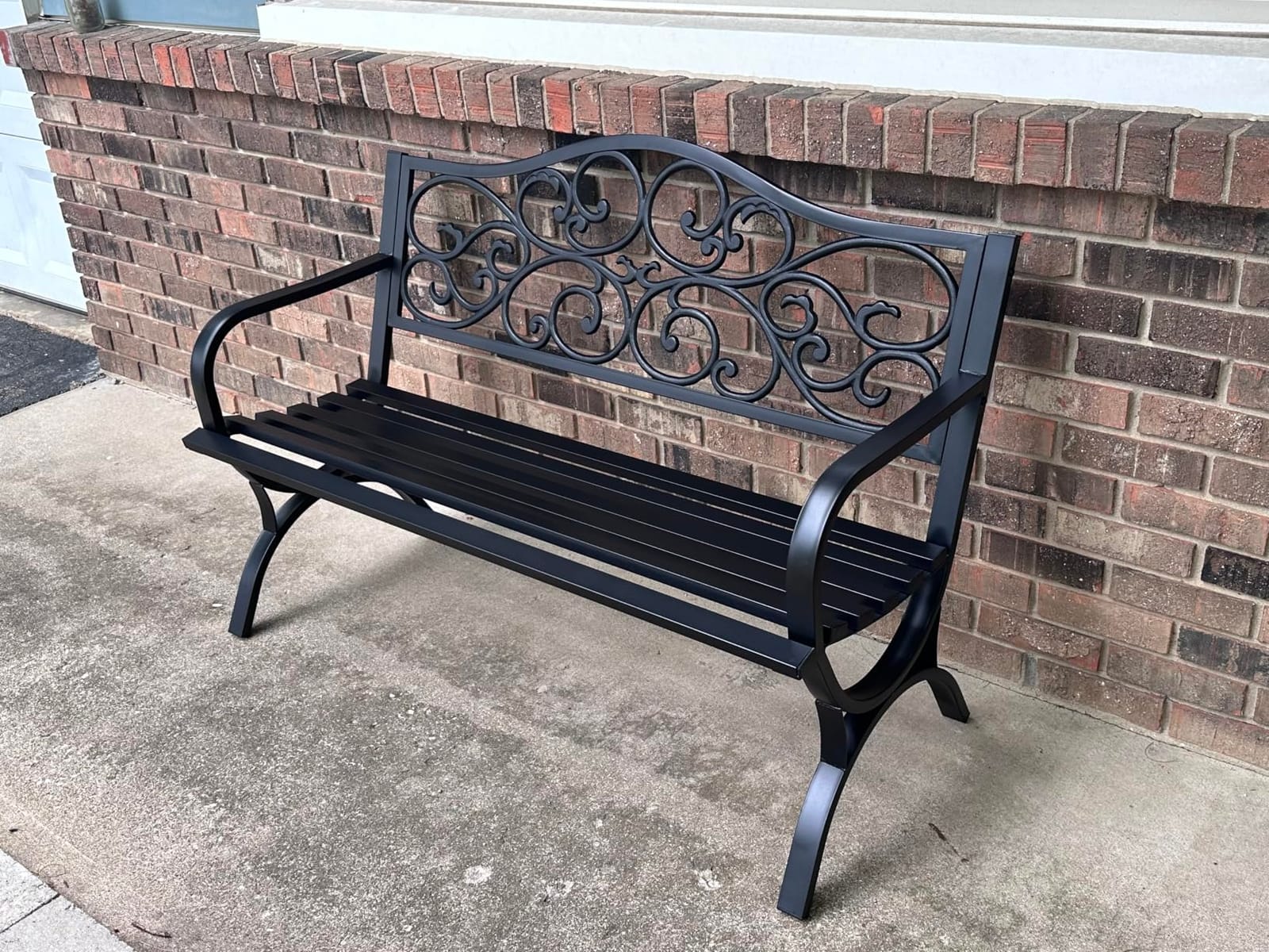 PHI VILLA 50 Inches Cast Iron Steel Frame Outdoor Garden Bench, Black, E-coating Floral Design Backrest, Slatted Seat, Weatherproof Patio Bench Furniture Chair for Front Door, Park, Yard and Porch customer photo 1