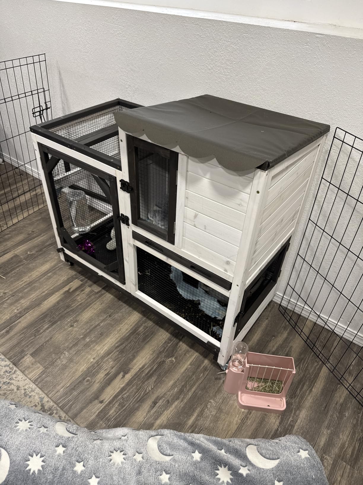 Rabbit Hutch Indoor Outdoor Bunny Cage with 5 Access Doors, Run, Pull-Out Deeper Leakproof Tray and Waterproof Roof customer photo 1