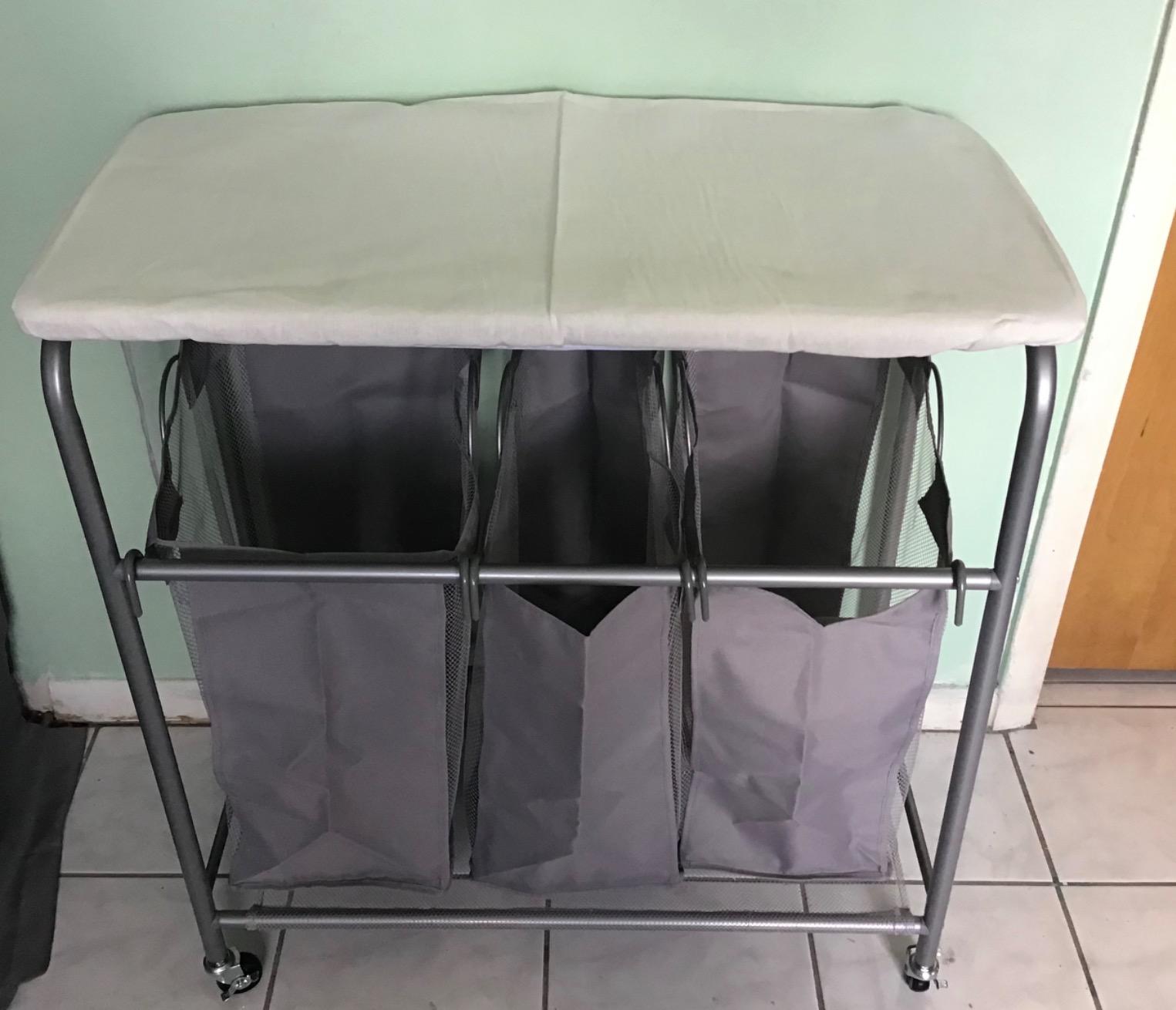 STORAGE MANIAC 3-Section Laundry Sorter with Foldable Ironing Board, Heavy-Duty Rolling Laundry Cart with and Removable Bags, Triple Laundry Hamper with Wheels, Dark Grey customer photo 1