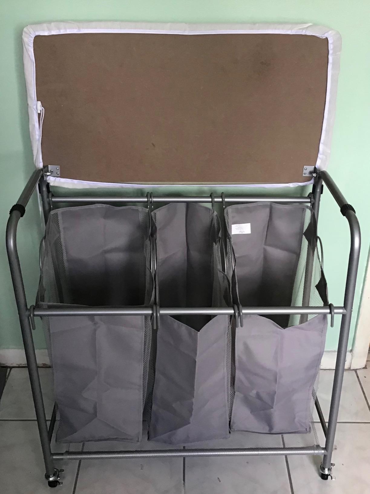 STORAGE MANIAC 3-Section Laundry Sorter with Foldable Ironing Board, Heavy-Duty Rolling Laundry Cart with and Removable Bags, Triple Laundry Hamper with Wheels, Dark Grey customer photo 2