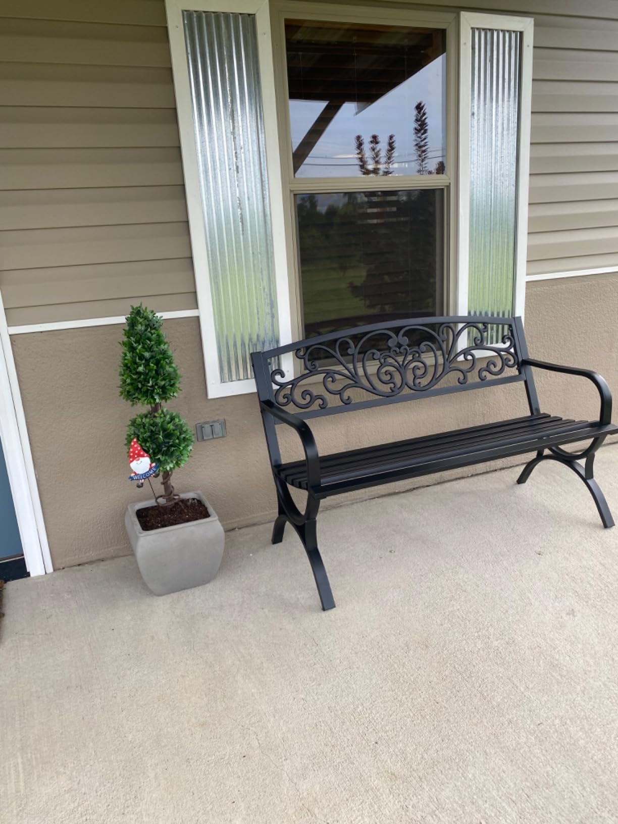 Patio Garden Bench 50 inch Outdoor Metal Loveseat Chairs with Armrests Slatted Seat and w/Floral Design Backrest for Park, Yard, Porch, Lawn, Balcony, Backyard, Black customer photo 2