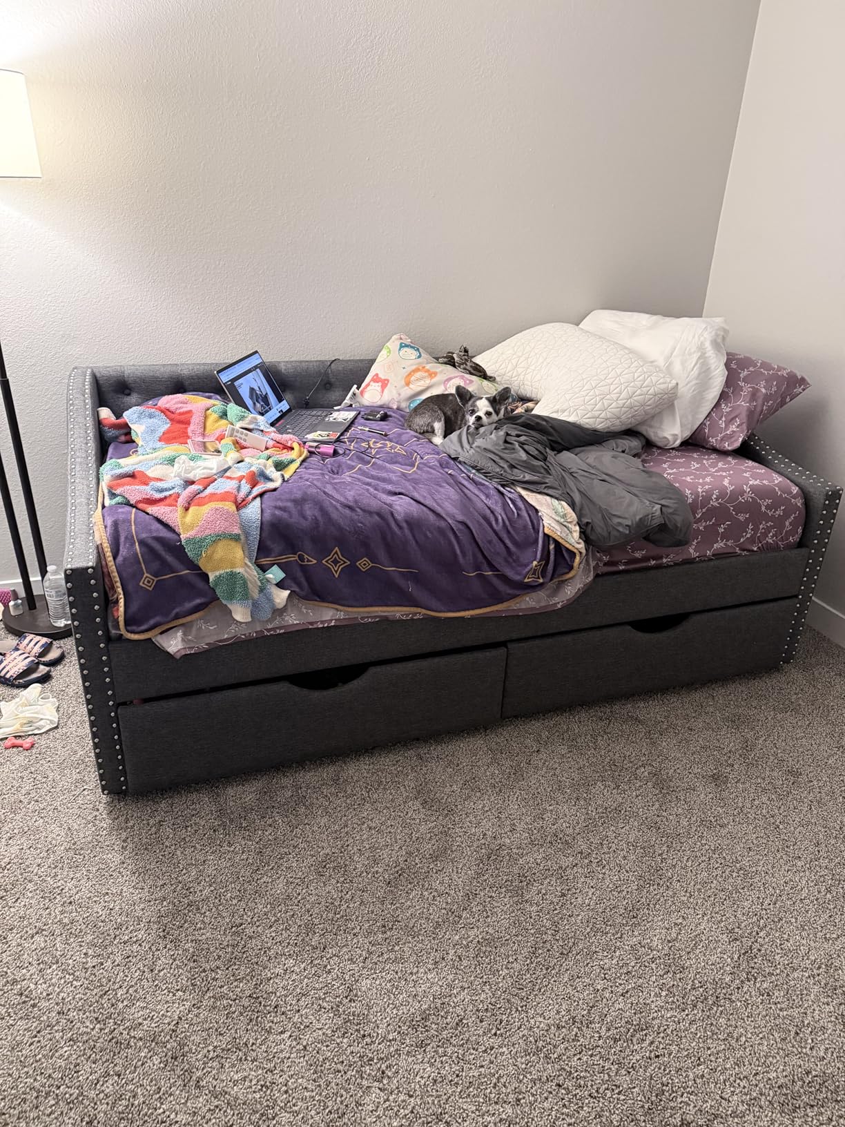 Wood Full Size Daybed, Day Bed Frame with 2 Storage Drawers, Upholstered Full Bed Frame Sofa Couch with Button and Nailhead Design for Bedroom Guest Room, No Box Spring Needed, Beige customer photo 1