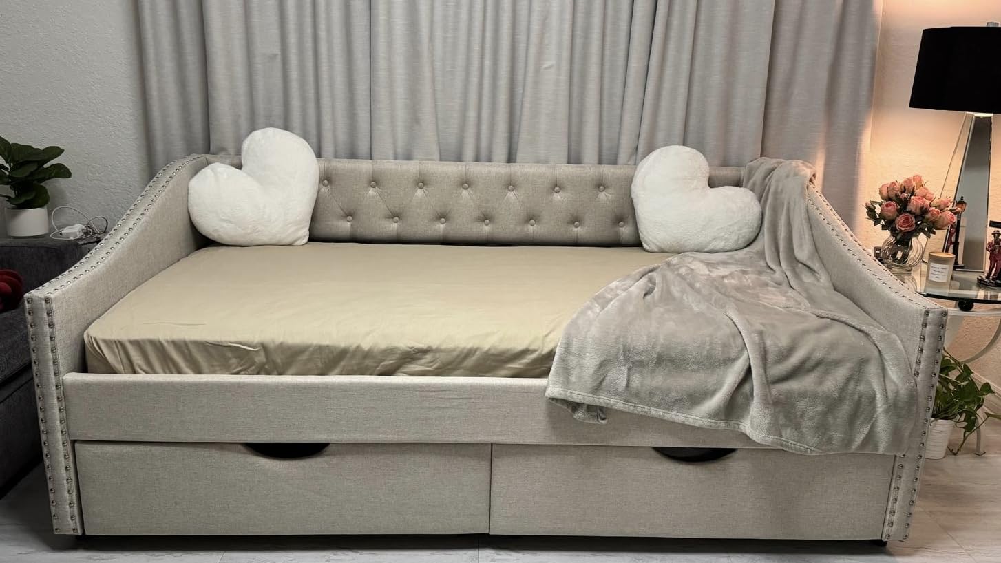 Wood Full Size Daybed, Day Bed Frame with 2 Storage Drawers, Upholstered Full Bed Frame Sofa Couch with Button and Nailhead Design for Bedroom Guest Room, No Box Spring Needed, Beige customer photo 2