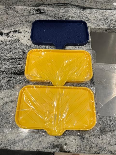 MicoYang Silicone Soap Dish with Drain Spout, Self-Draining Sink Organizer Tray for Bathroom and Kitchen, Sponges, Dispensers and Soap Holder, Non-Slip and Dishwasher Safe, Black (Compact, 4.9