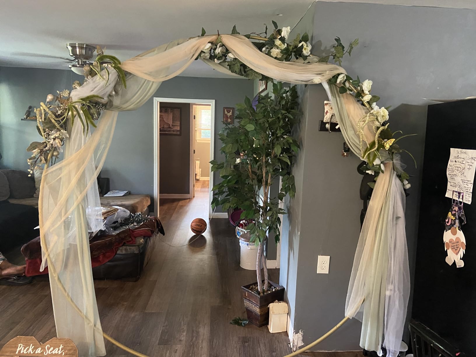 Queension Large Wedding Arch for Ceremony 7 Ft, Circle Arch for Party, Gold | Balloon Arches Backdrop Stand with Metal Base, Outdoor Garden Trellis with Water Bag for Climbing Plant, Round Frame customer photo 2