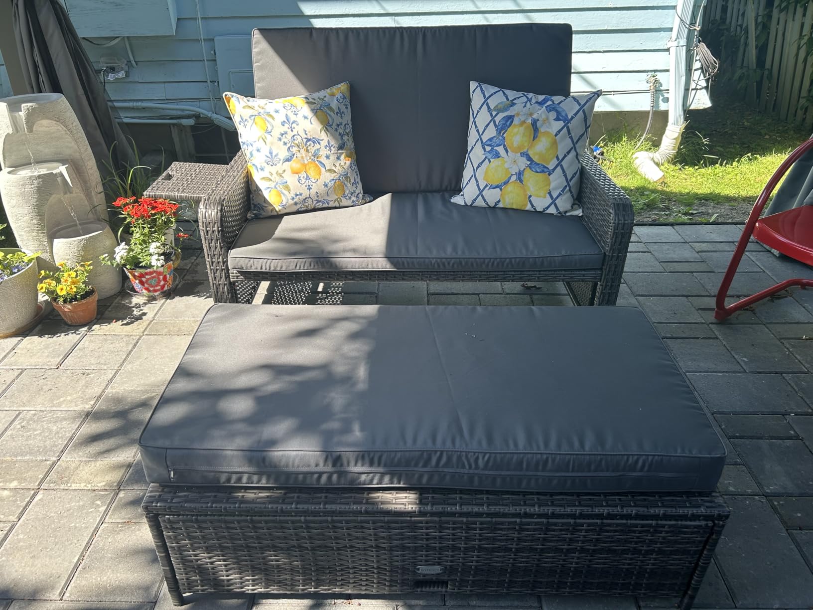 Tangkula Patio Rattan Daybed with 4-Level Adjustable Backrest, Outdoor PE Wicker Loveseat with Storage Ottoman & Folding Side Tray, Double Sunbed Lounger for Balcony, Backyard & Poolside, Navy & Brown customer photo 1