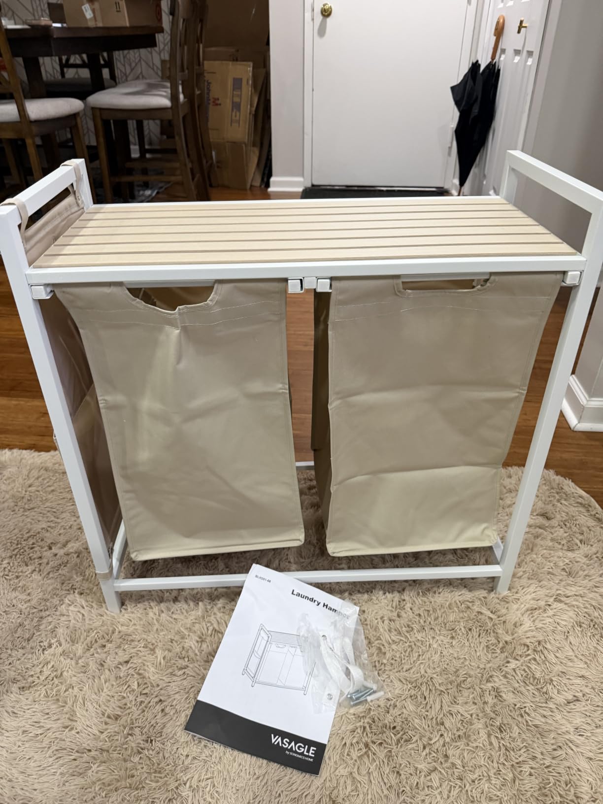 VASAGLE Laundry Hamper with Shelf, 3 Pull-Out Bags, 3 x 10.6 Gallons (40 L) | Laundry Basket, Laundry Sorter 3 Section, Metal Frame, Cloud White and White, BRENTA Collection UBLH301WZ66 customer photo 2
