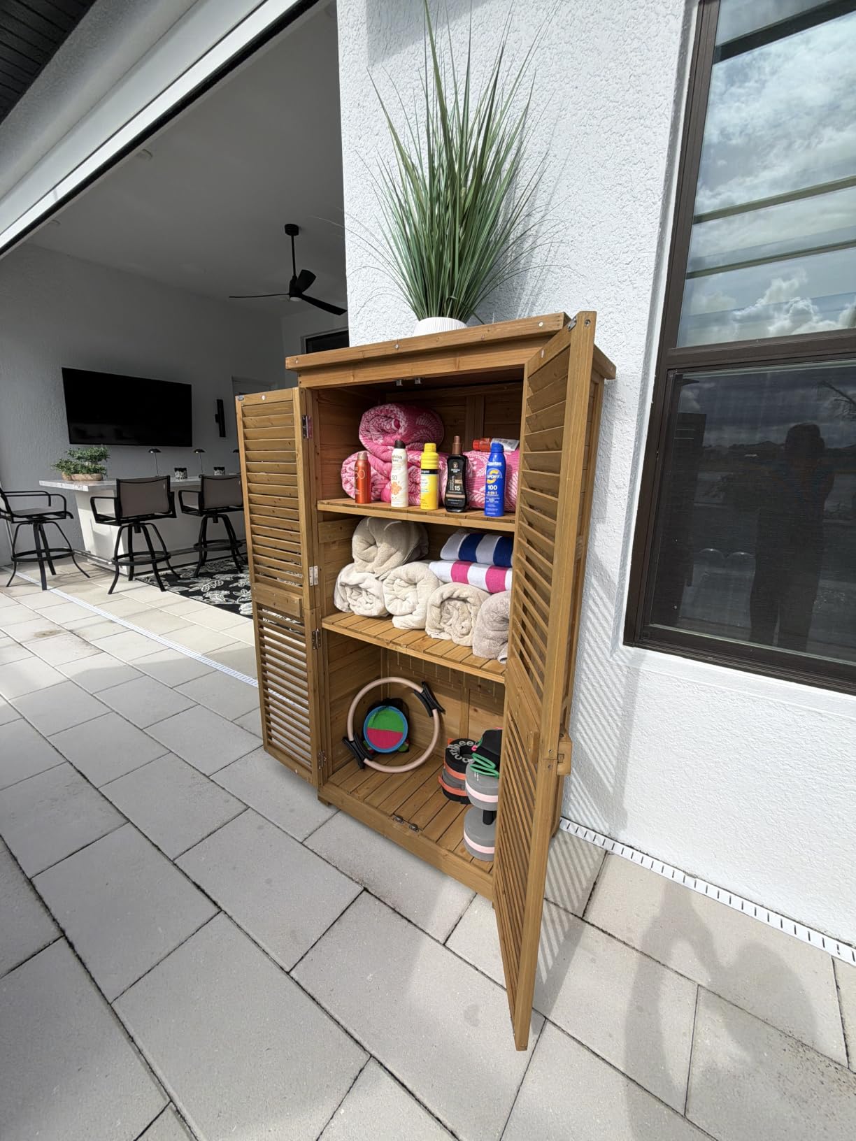 Outvita Outdoor Storage Cabinet, 63in Wooden Garden Tools Shed with 2 Lockable Doors, 3 Adjustable Shelves, Waterproof Roof for Yard Garage Patio Deck Porch, Natural customer photo 2