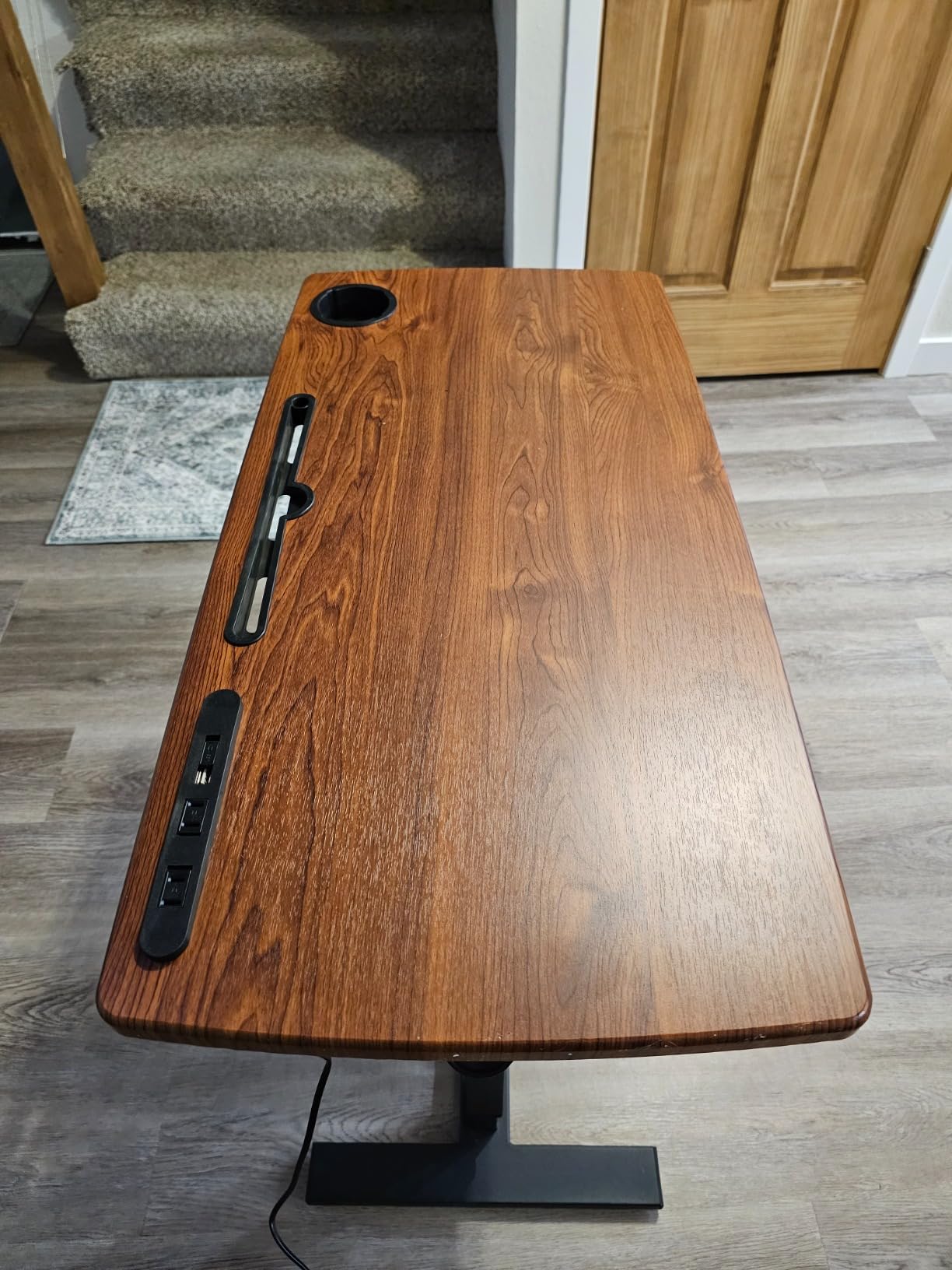 Overbed Table with Wheels & USB, Pneumatic Height Adjustable Bedside Table | Hospital bed table tray, hidden wheels, cup holder, rolling laptop cart, hospital, home use, slim base, under bed, couch, recliner customer photo 2