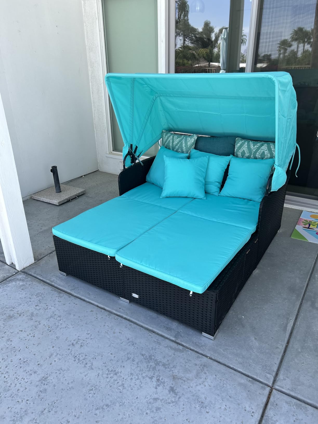 RELAX4LIFE Patio Outdoor Daybed with Canopy, Wicker Sunbed w/Cushions, 4 Pillows & 2 Retractable Side Trays, 2-Person Lounge Bed Conversation for Poolside Porch Garden, Rattan Outdoor Bed (Turquoise) customer photo 1