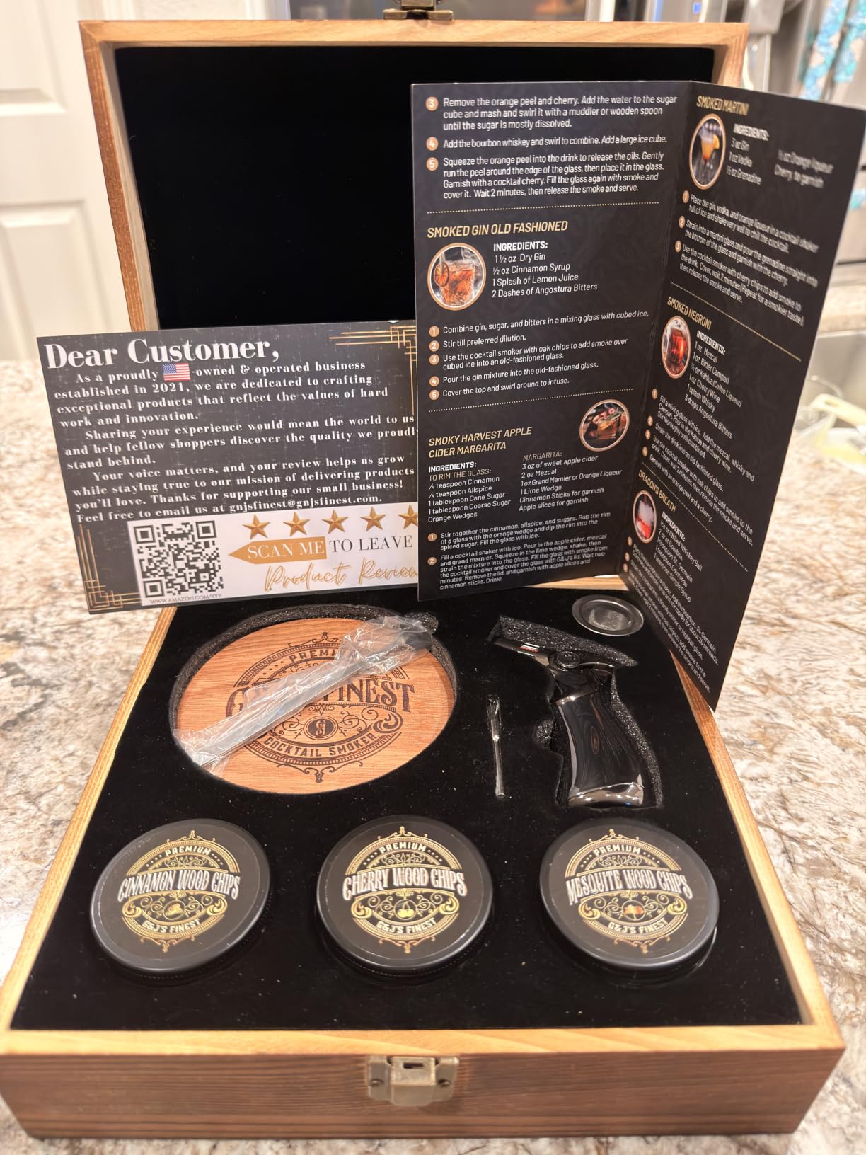 Mahogany Whiskey Smoker Kit with Quad Torch & Wood Box for Smoked Old Fashioned, Bourbon & Cocktail Drinks - 6 Chips, & Gift Set Infuser for Men, Husband, Boyfriend by G&J's Finest customer photo 1