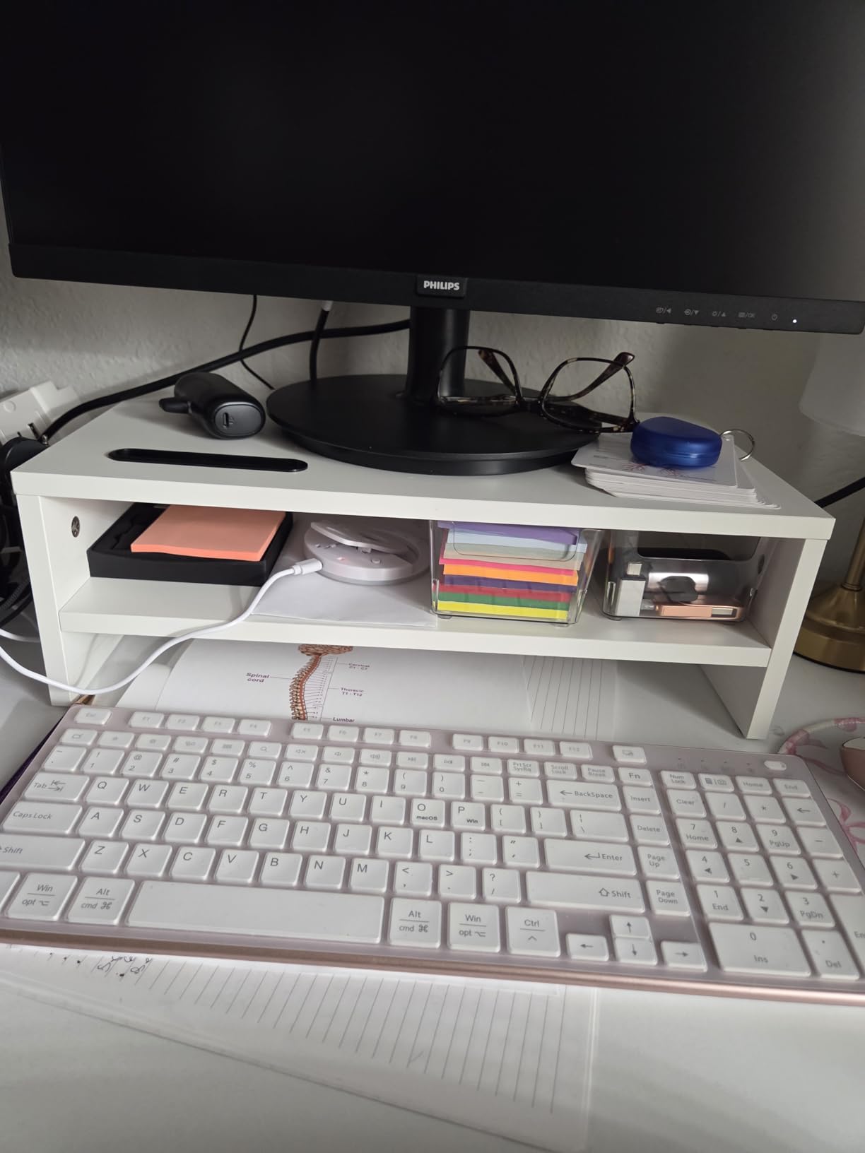 BONTEC Wooden Monitor Stand Riser for Desk, 2-Tier Computer Monitor Stand | 66 lbs Desk Shelf Organizer with Storage, Laptop & Printer Stand with Phone Holder and Cable Management, White, 16.5 Inch customer photo 2
