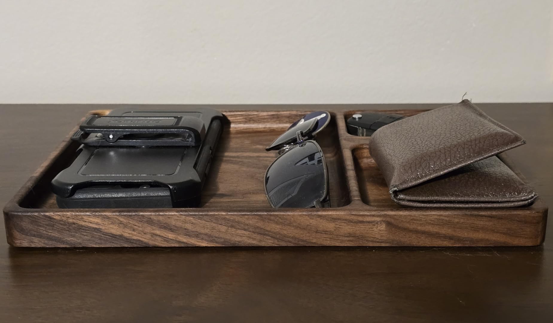 SEEDWAVE Walnut Wooden Valet Tray - Bedside Table Organizer for Men Dad, Edc Catch All Tray with Cable Slot (11.4 x 7.9 x 0.8 Inch) customer photo 1