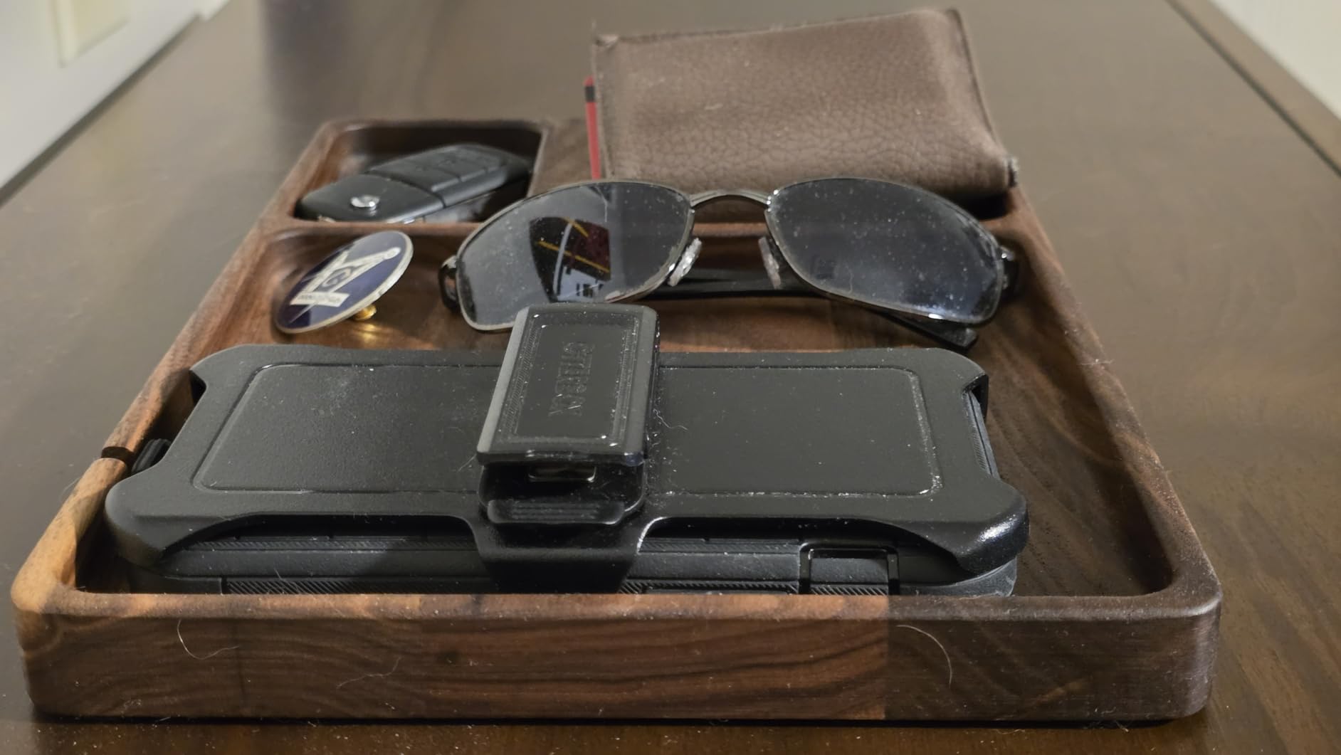 SEEDWAVE Walnut Wooden Valet Tray - Bedside Table Organizer for Men Dad, Edc Catch All Tray with Cable Slot (11.4 x 7.9 x 0.8 Inch) customer photo 2