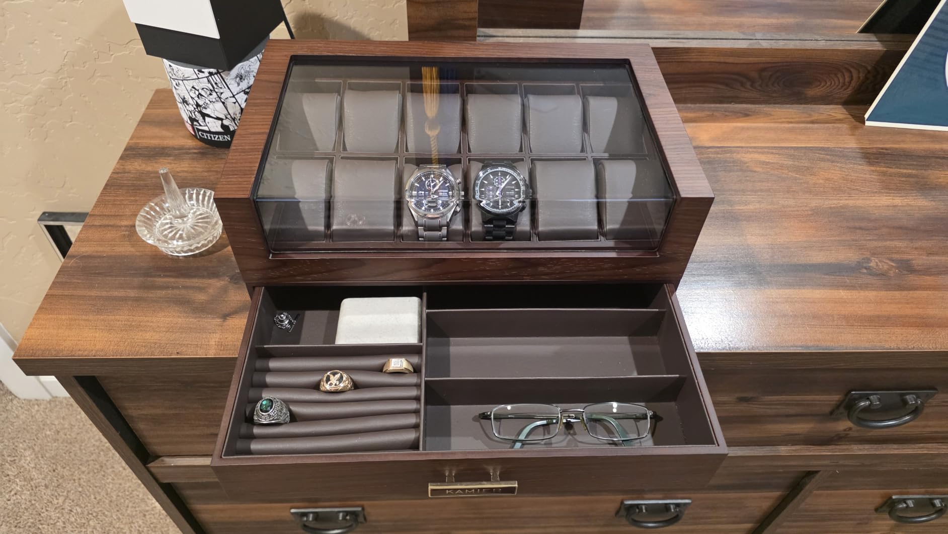 High End Watch Box for Men, 12 Slot Wooden Watch Case With Drawer, Watch Display Box with Glass Lid, 2-Layer Watch Holder for Jewelry and Watch Storage for Men Women customer photo 1