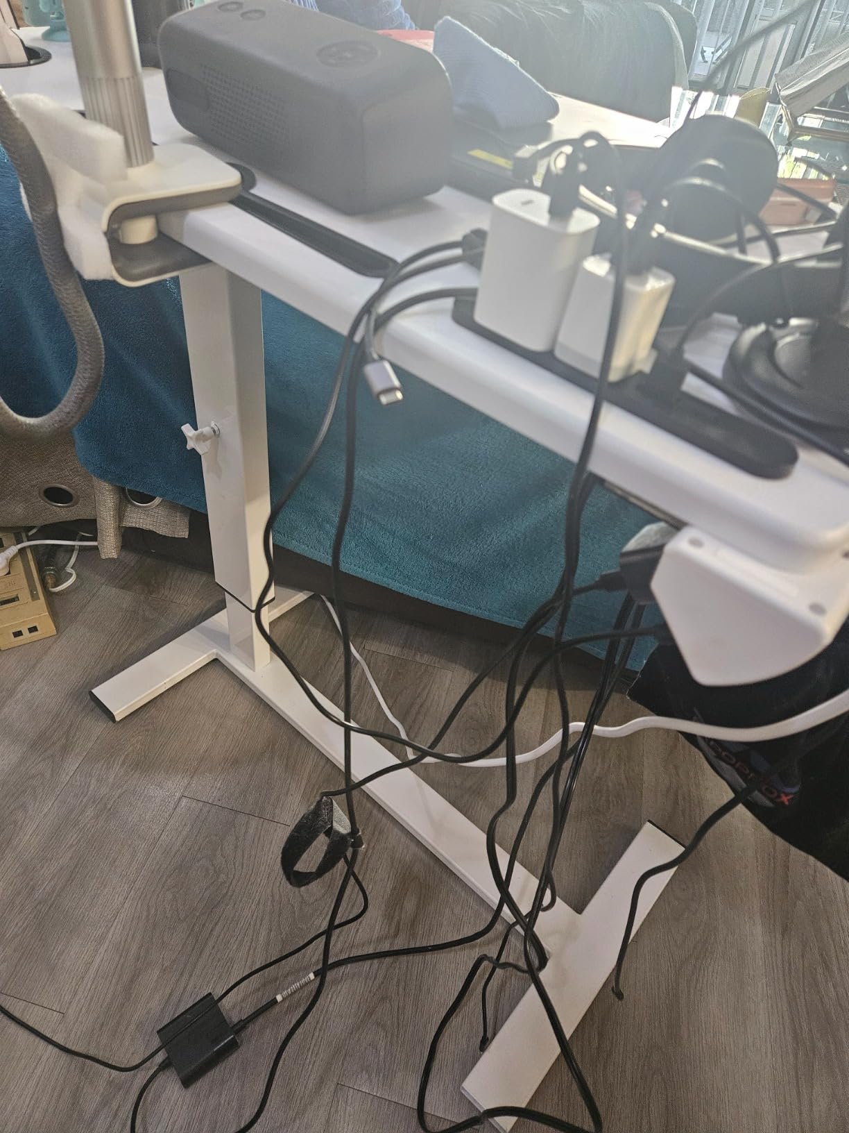 Over Bed Table Pneumatic Adjustable Height Stand Desk with Hidden Wheels USB Ports Pad Slot Mobile Laptop Standing Desk Cart, Podium Table (White, 32X16 inshes) customer photo 2