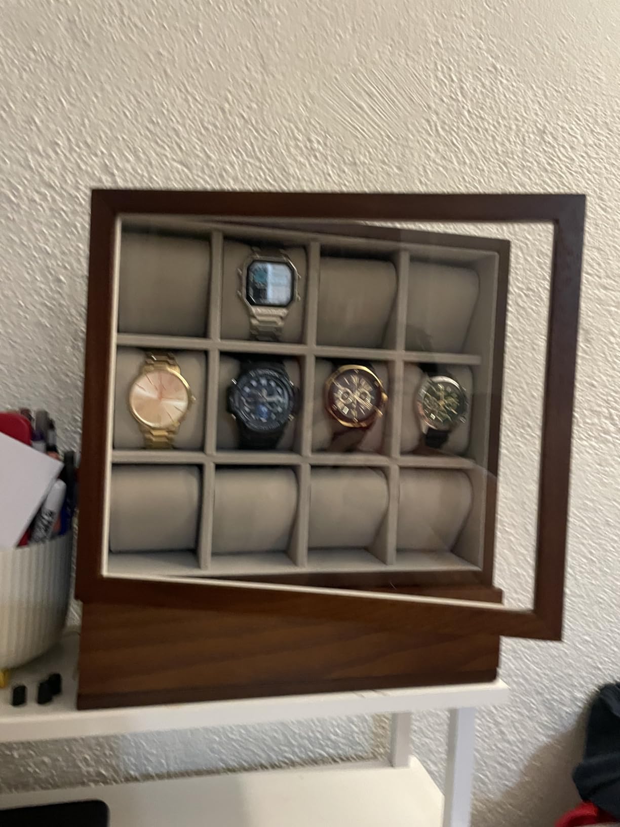 SONGMICS Watch Box 12-Slot Watch Display Case with Window | Solid Wood Veneer, Velvet Lining, Vertical Storage, Space Saving, Gift Idea, Coffee Brown, UJOW014K01 customer photo 1